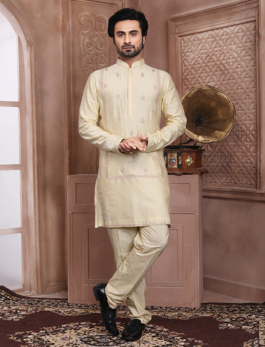 Cream Banarasi Resham mirror work Kurta With Aligarhi Pant