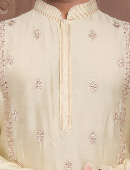 Cream Banarasi Resham mirror work Kurta With Aligarhi Pant