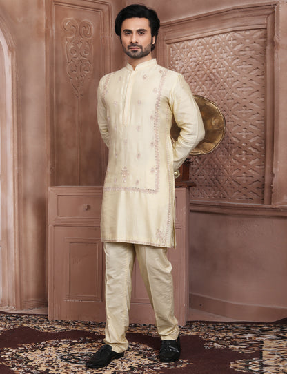 Cream Banarasi Resham mirror work Kurta With Aligarhi Pant