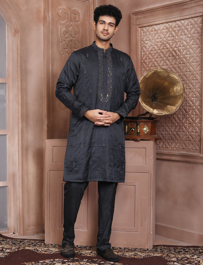 Dark Grey Banarasi Silk Hand Work Kurta With Aligarhi Pant