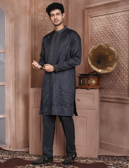 Dark Grey Banarasi Silk Hand Work Kurta With Aligarhi Pant