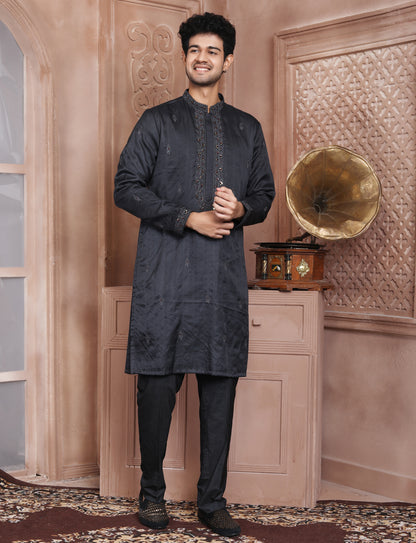 Dark Grey Banarasi Silk Hand Work Kurta With Aligarhi Pant