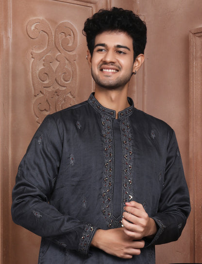 Dark Grey Banarasi Silk Hand Work Kurta With Aligarhi Pant