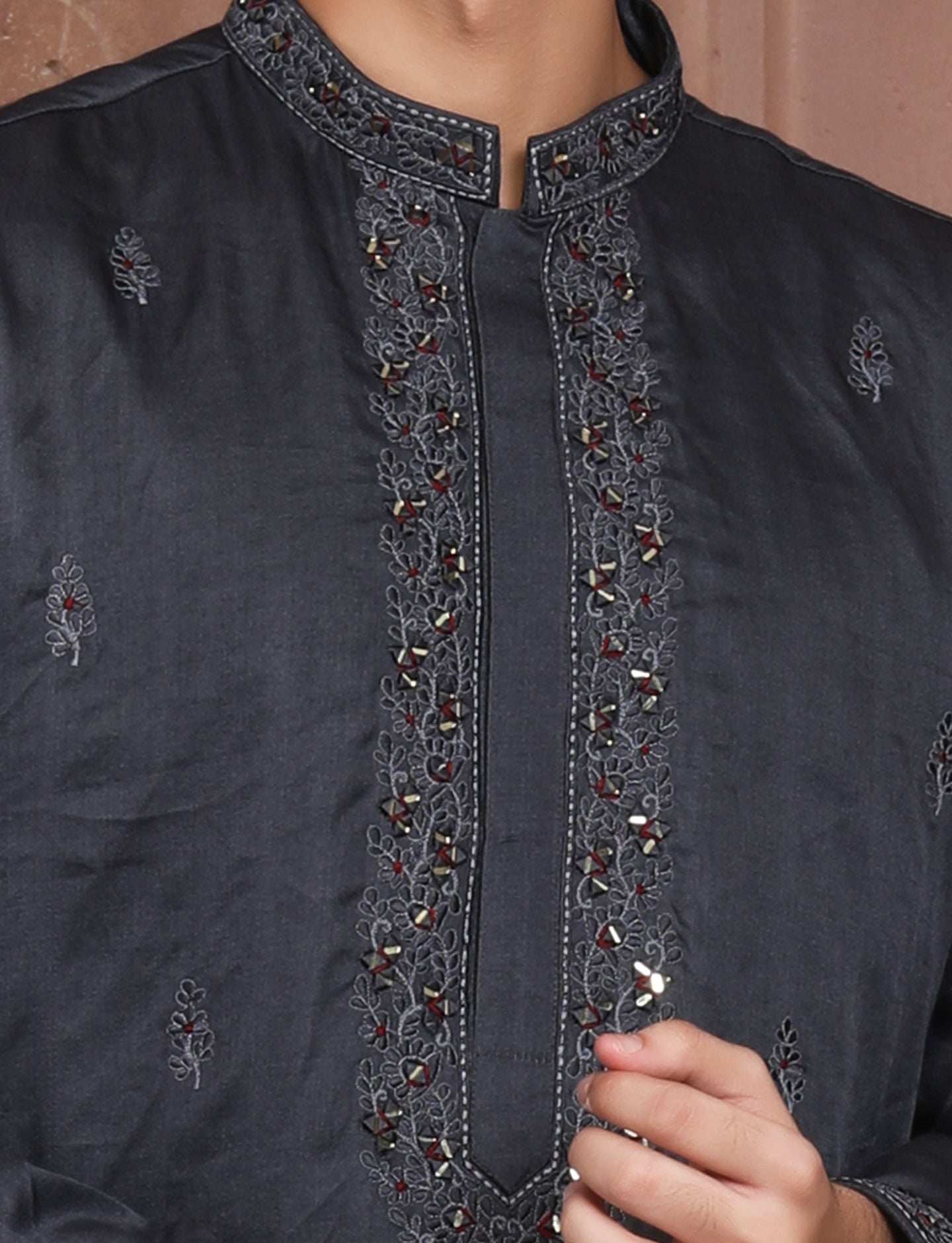 Dark Grey Banarasi Silk Hand Work Kurta With Aligarhi Pant