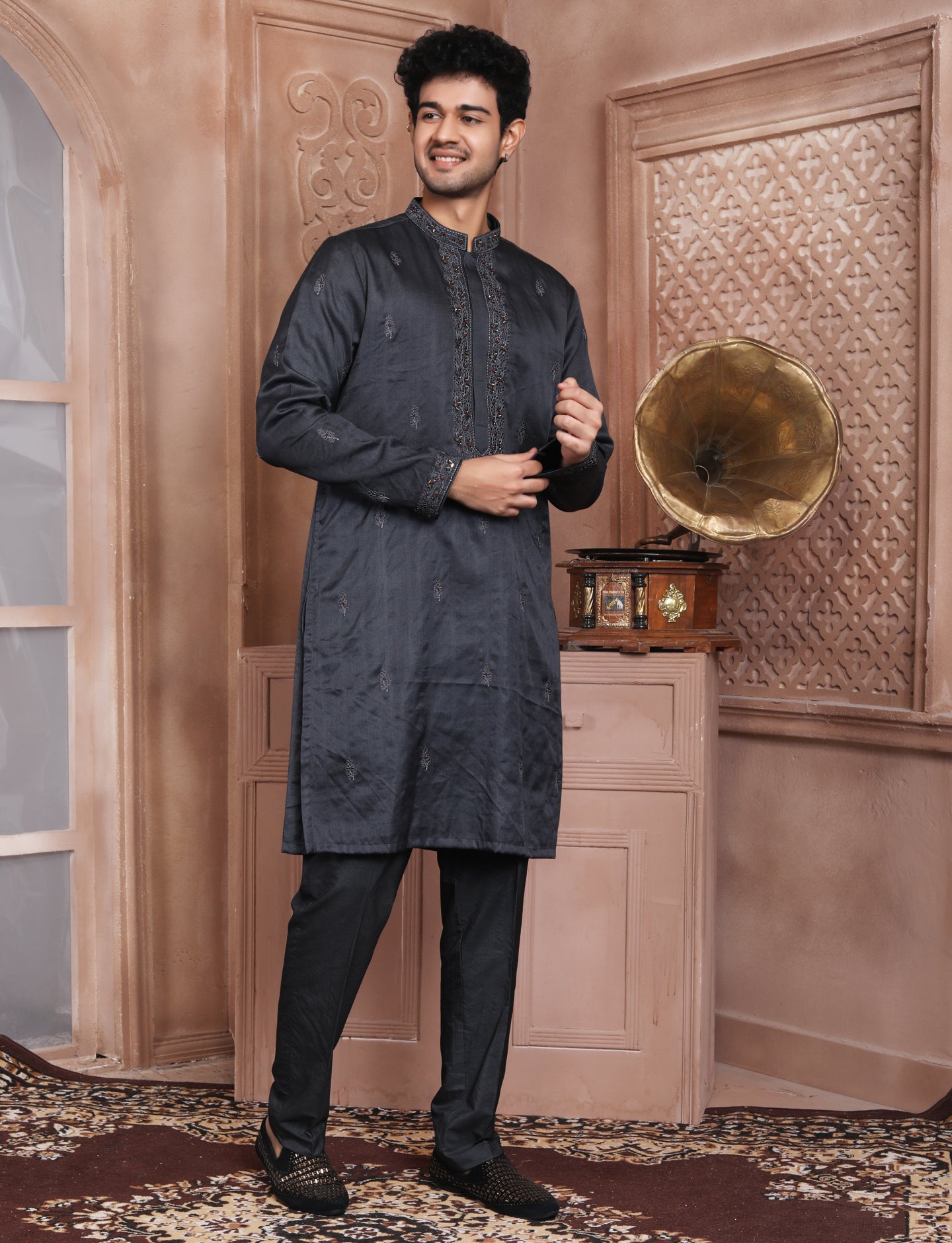 Dark Grey Banarasi Silk Hand Work Kurta With Aligarhi Pant