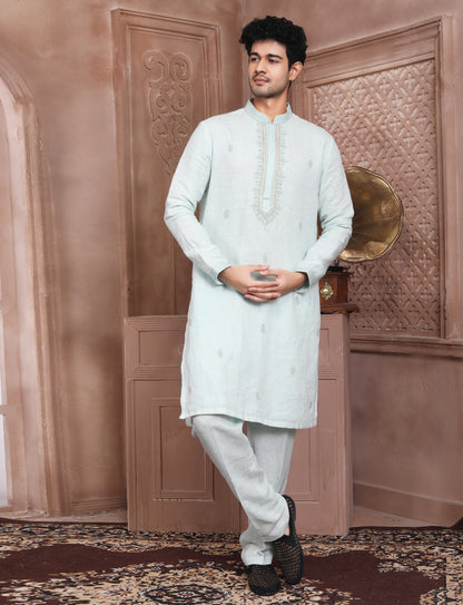 Ocean Blue Linen Ethnic Handcrafted Kurta With Aligarhi Pant