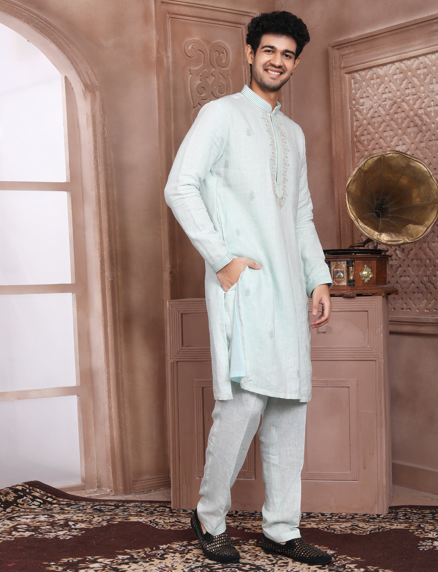 Ocean Blue Linen Ethnic Handcrafted Kurta With Aligarhi Pant