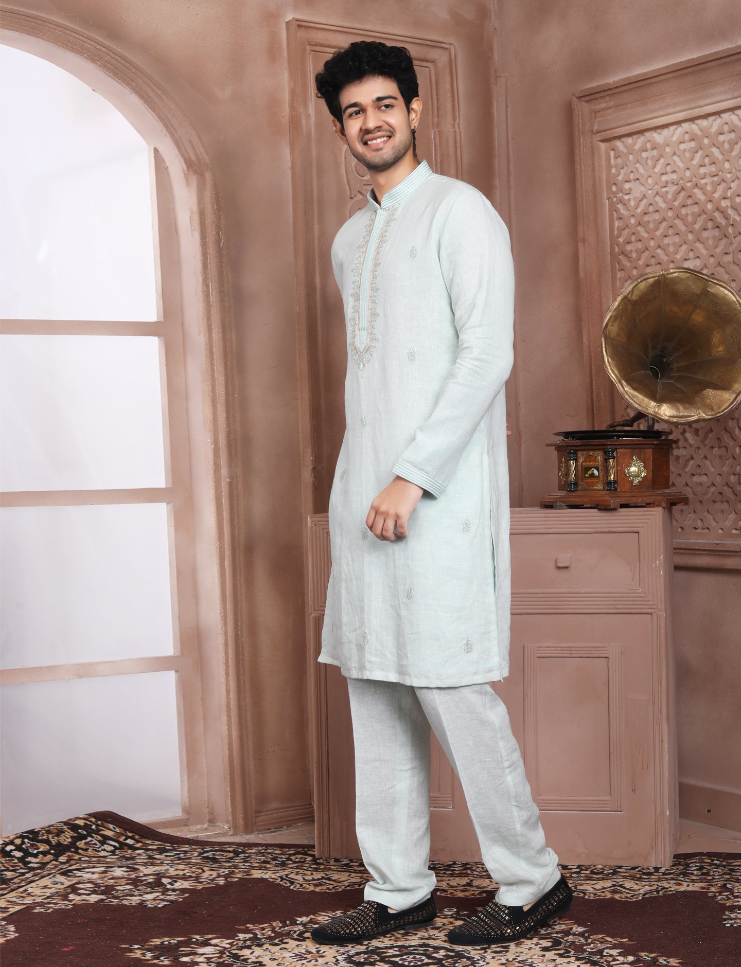 Ocean Blue Linen Ethnic Handcrafted Kurta With Aligarhi Pant