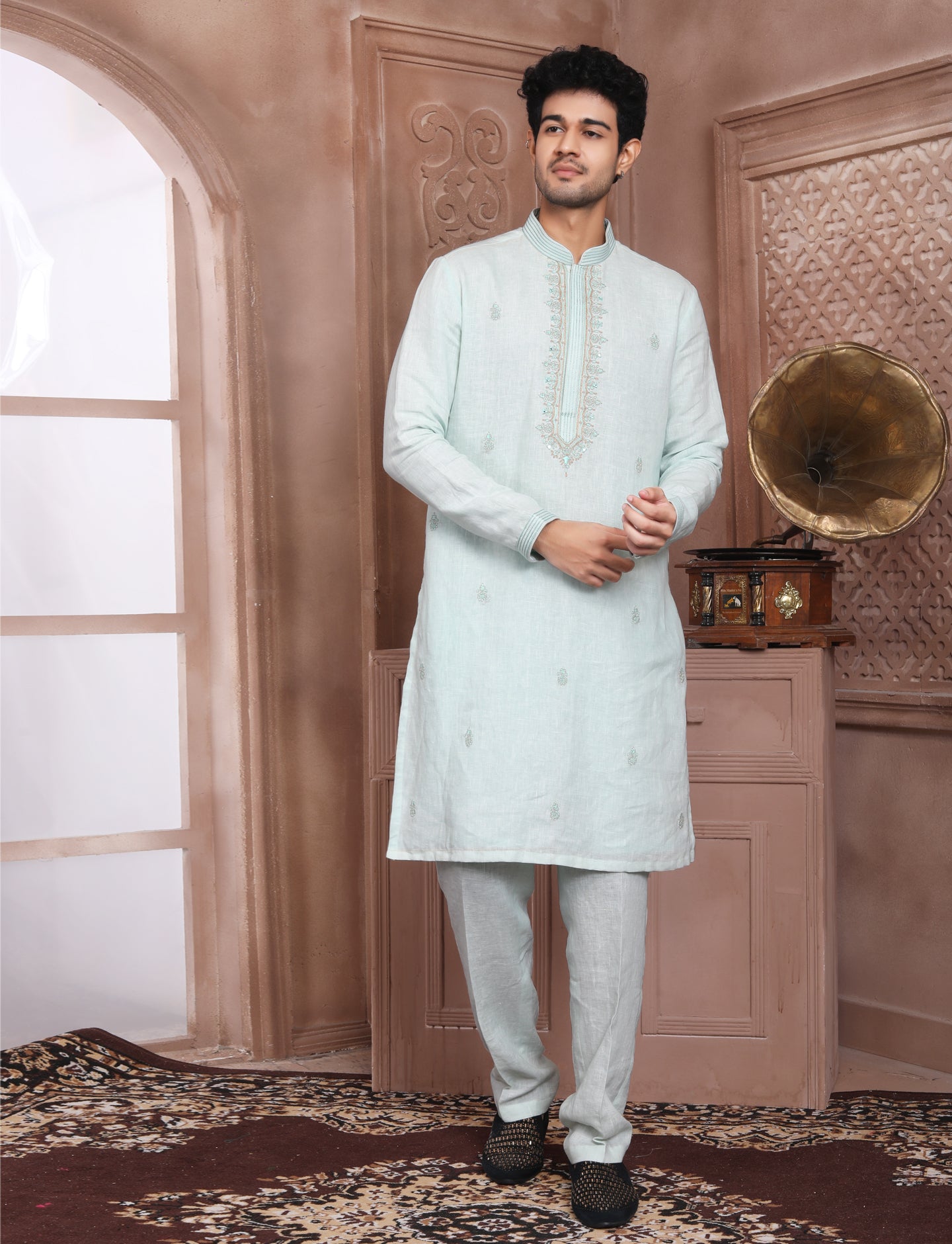 Ocean Blue Linen Ethnic Handcrafted Kurta With Aligarhi Pant