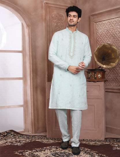 Ocean Blue Linen Ethnic Handcrafted Kurta With Aligarhi Pant