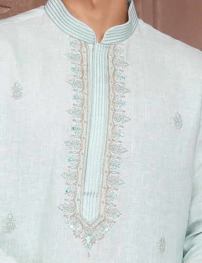 Ocean Blue Linen Ethnic Handcrafted Kurta With Aligarhi Pant