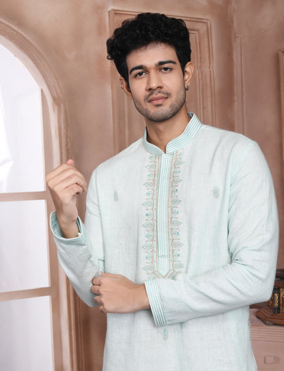 Ocean Blue Linen Ethnic Handcrafted Kurta With Aligarhi Pant