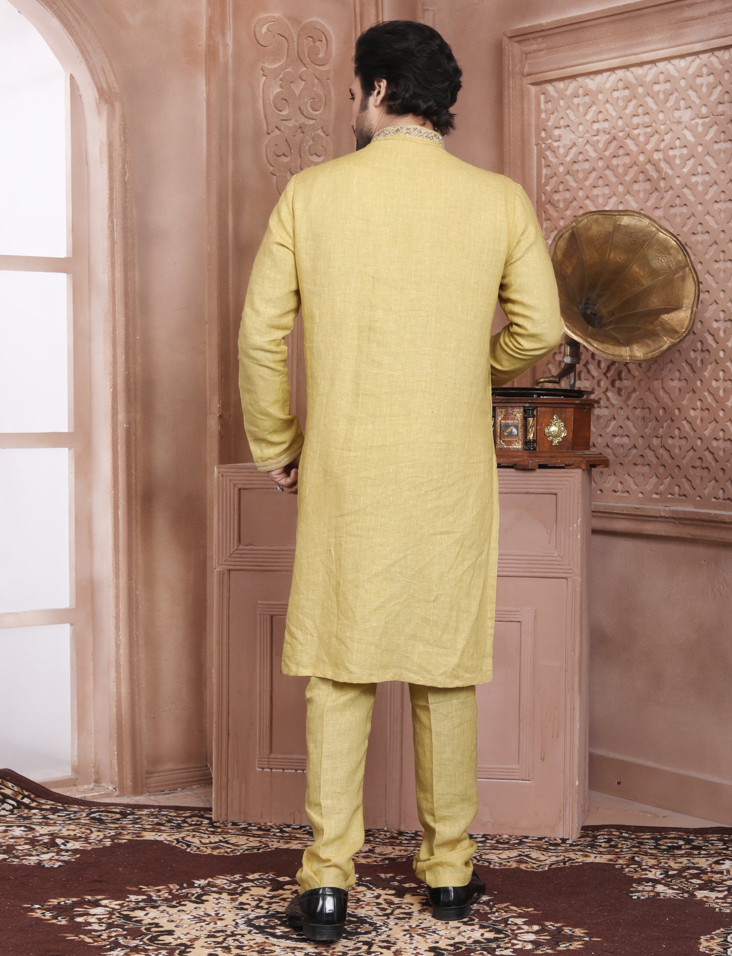 Mustard Yellow Linen Handcrafted Kurta With Aligarhi Pant