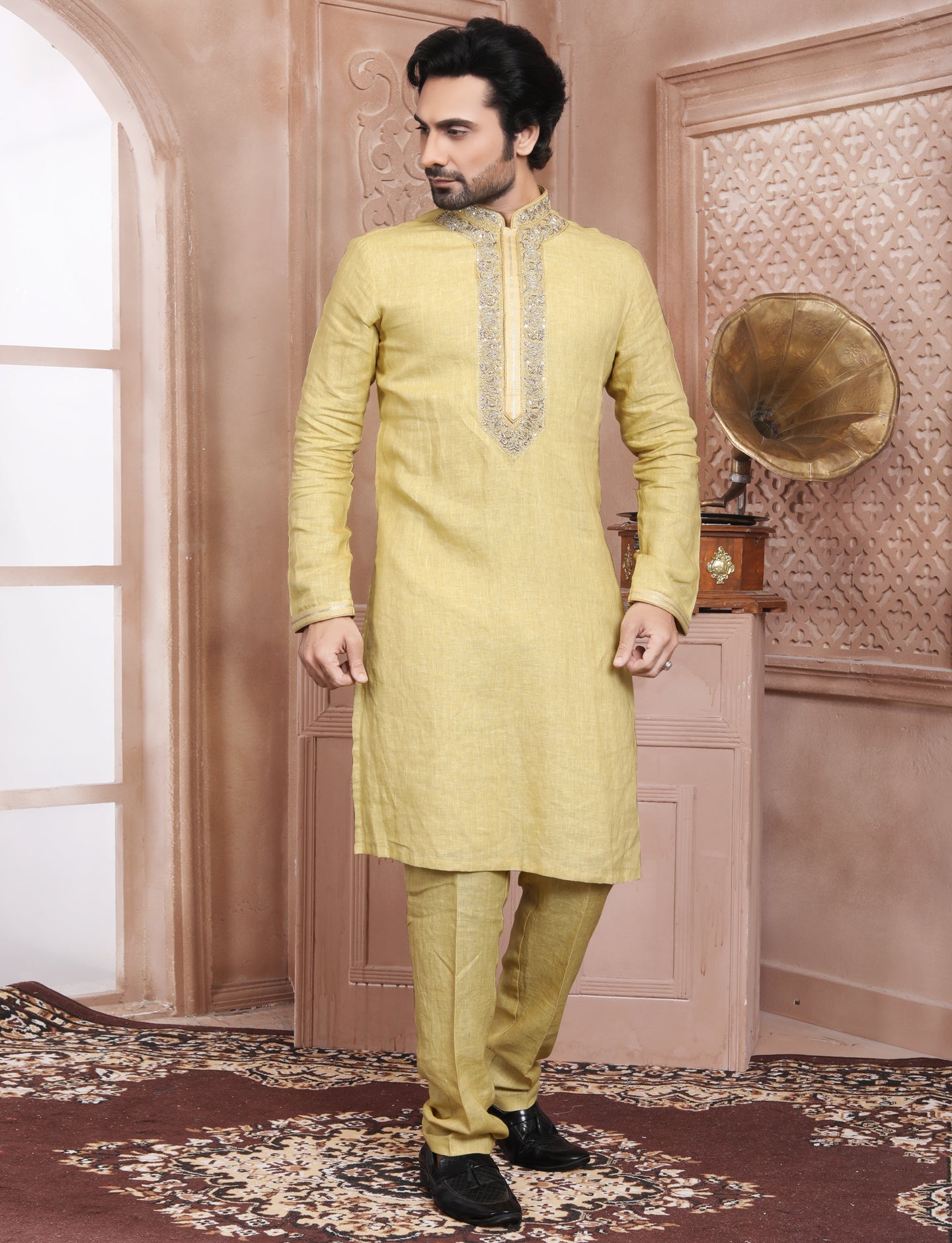 Mustard Yellow Linen Handcrafted Kurta With Aligarhi Pant