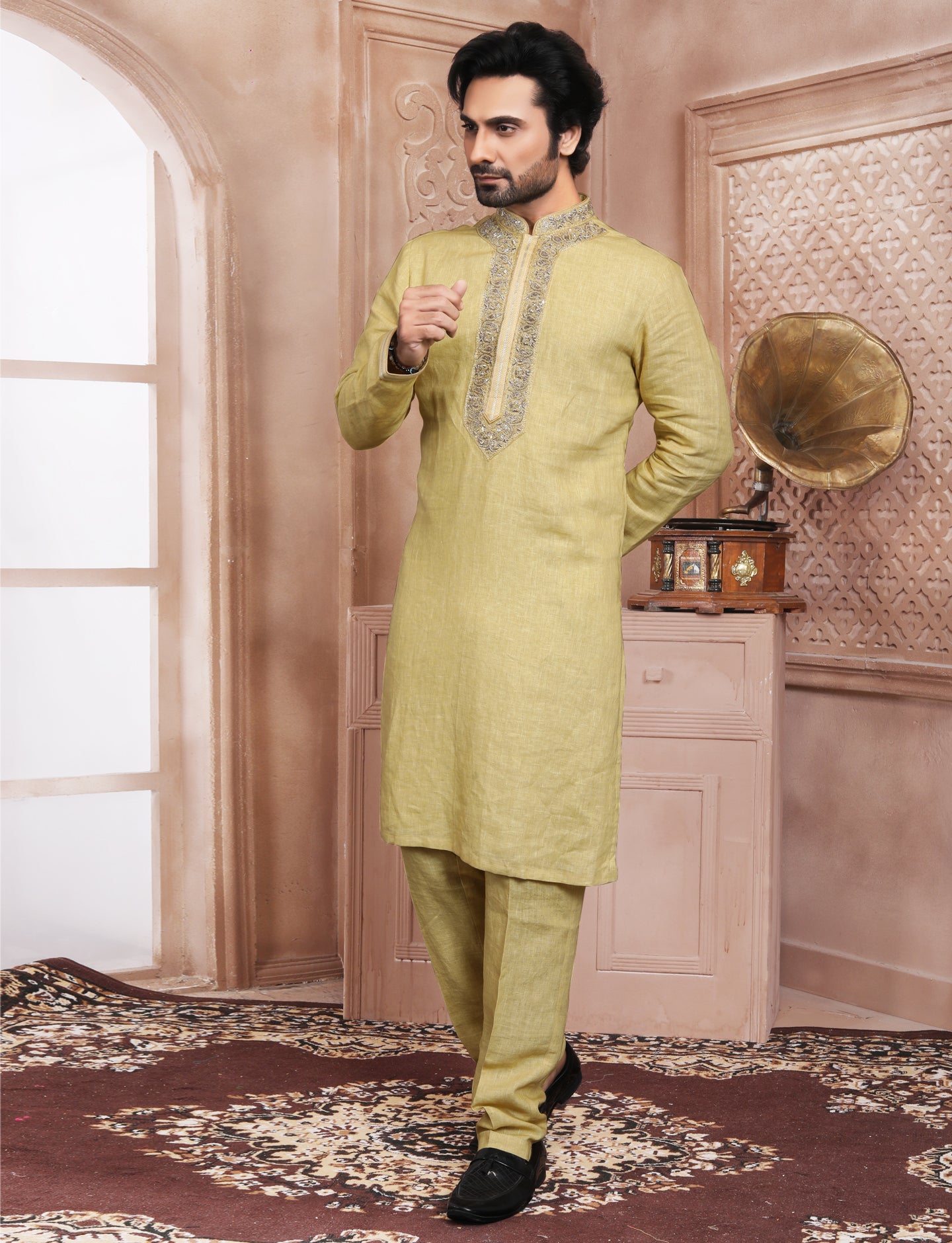 Mustard Yellow Linen Handcrafted Kurta With Aligarhi Pant