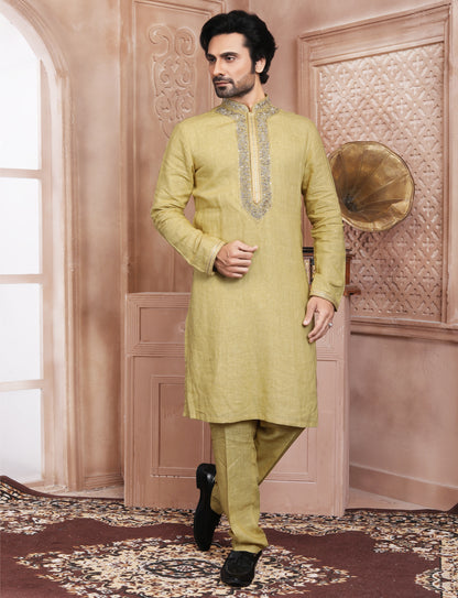 Mustard Yellow Linen Handcrafted Kurta With Aligarhi Pant