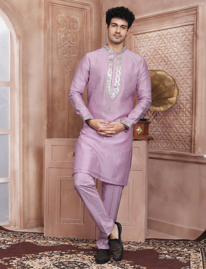 Light Purple Ethnic Handcrafted Kurta With Aligarhi Pant