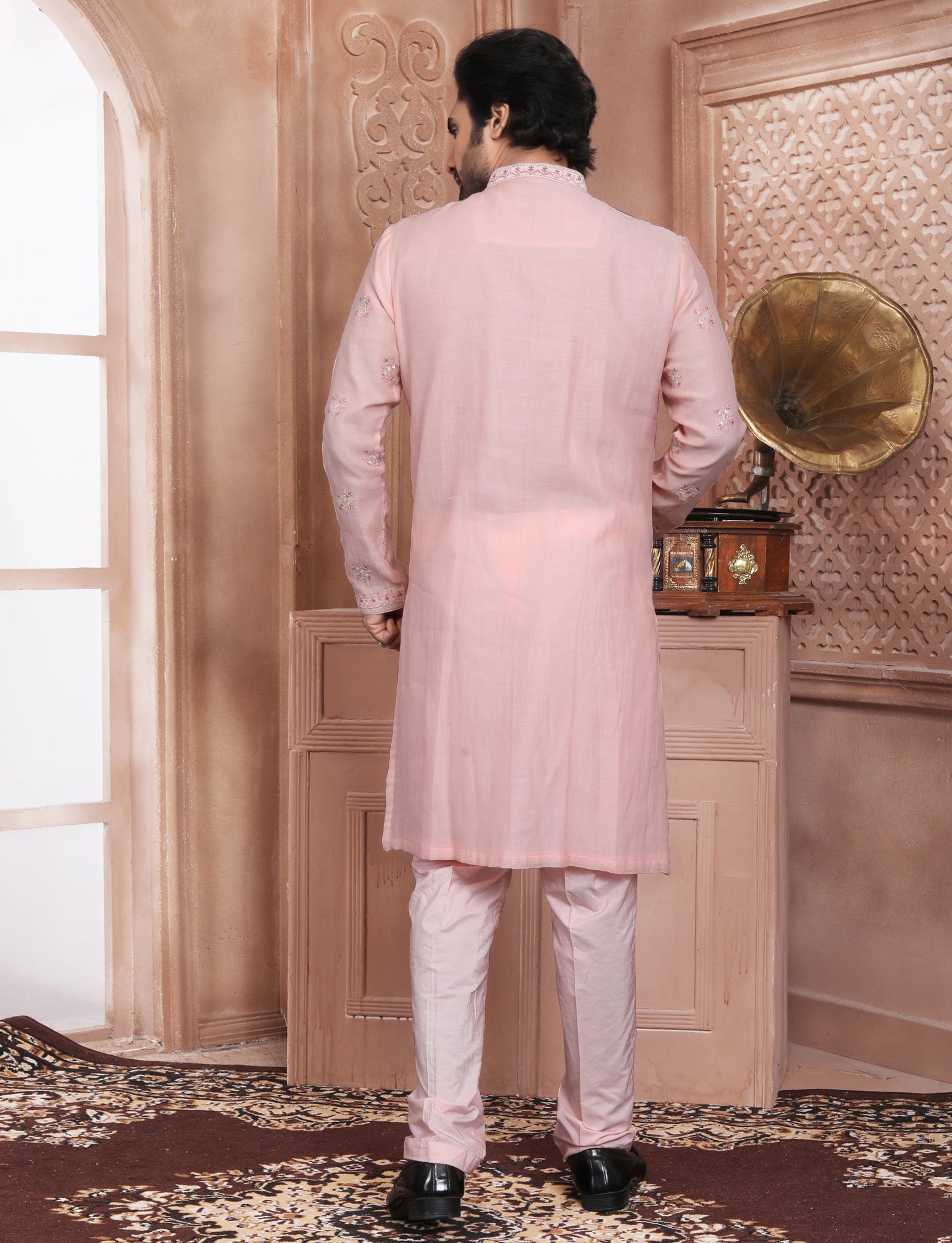 Light Pink Handcrafted Kurta With Aligarhi Pant