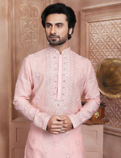 Light Pink Handcrafted Kurta With Aligarhi Pant