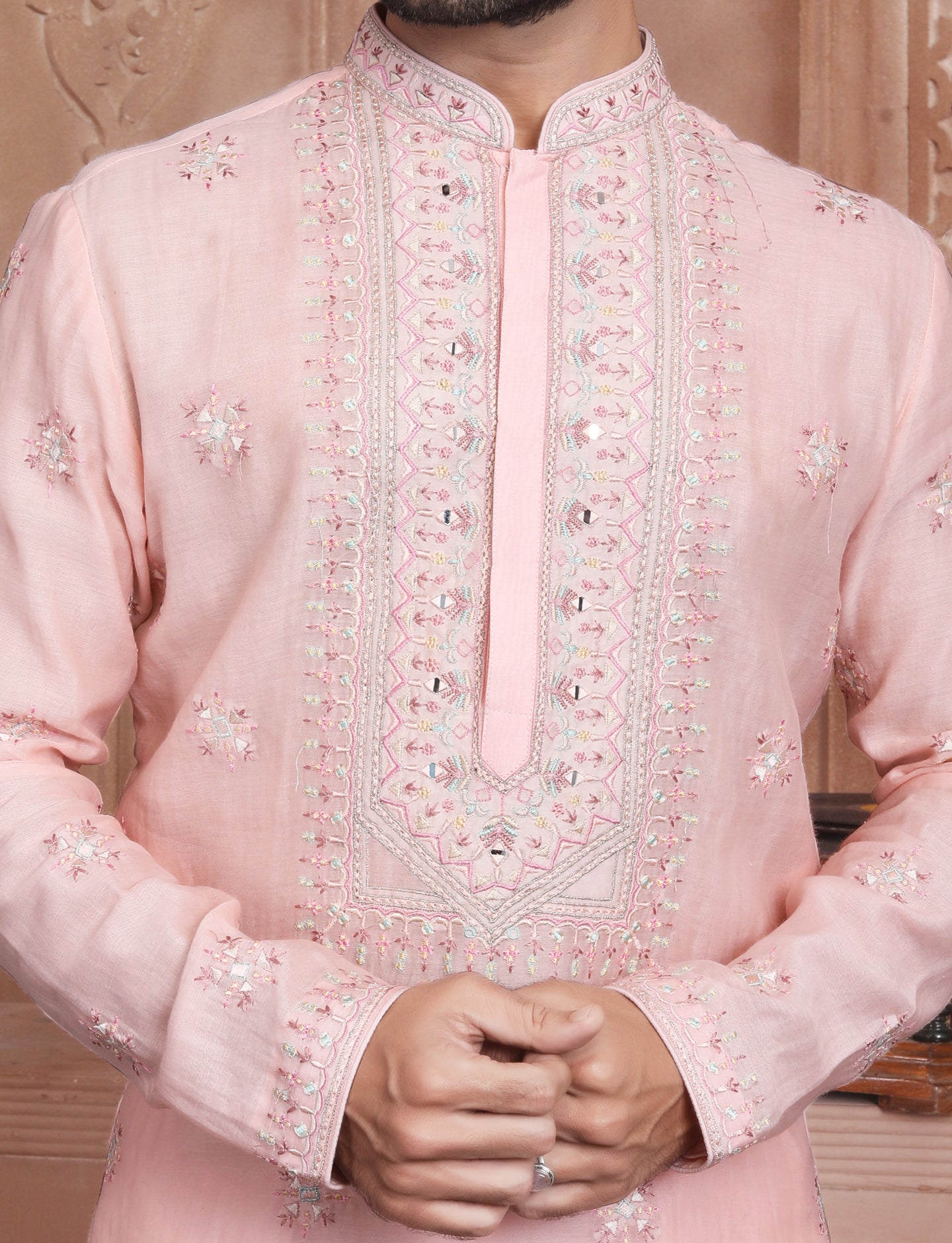 Light Pink Handcrafted Kurta With Aligarhi Pant