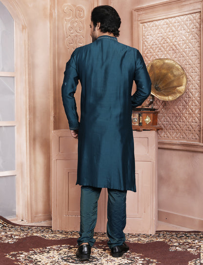 Dark Turquoise Handcrafted Kurta With Aligarhi Pant