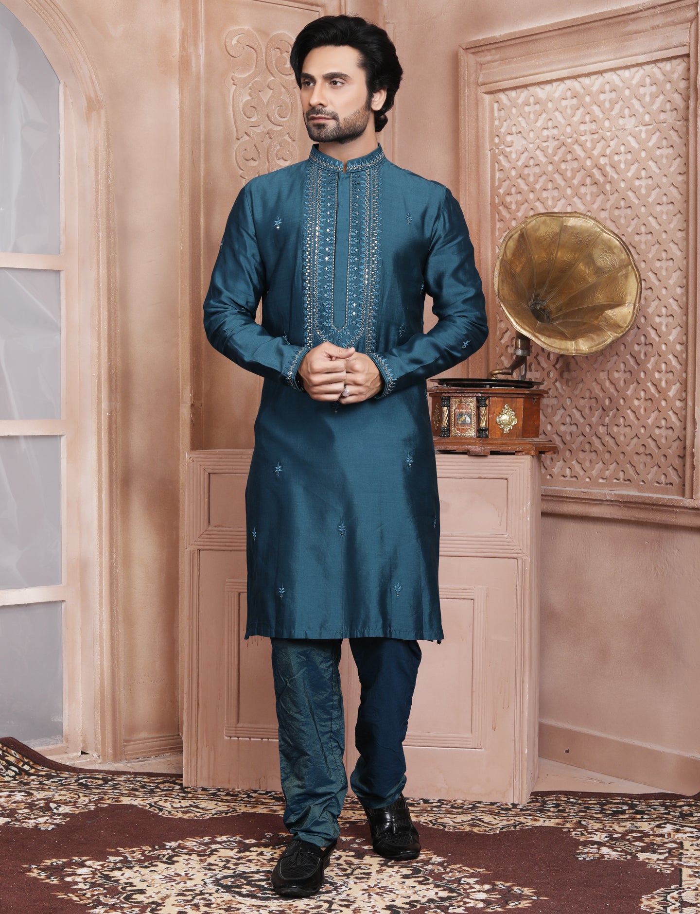 Dark Turquoise Handcrafted Kurta With Aligarhi Pant