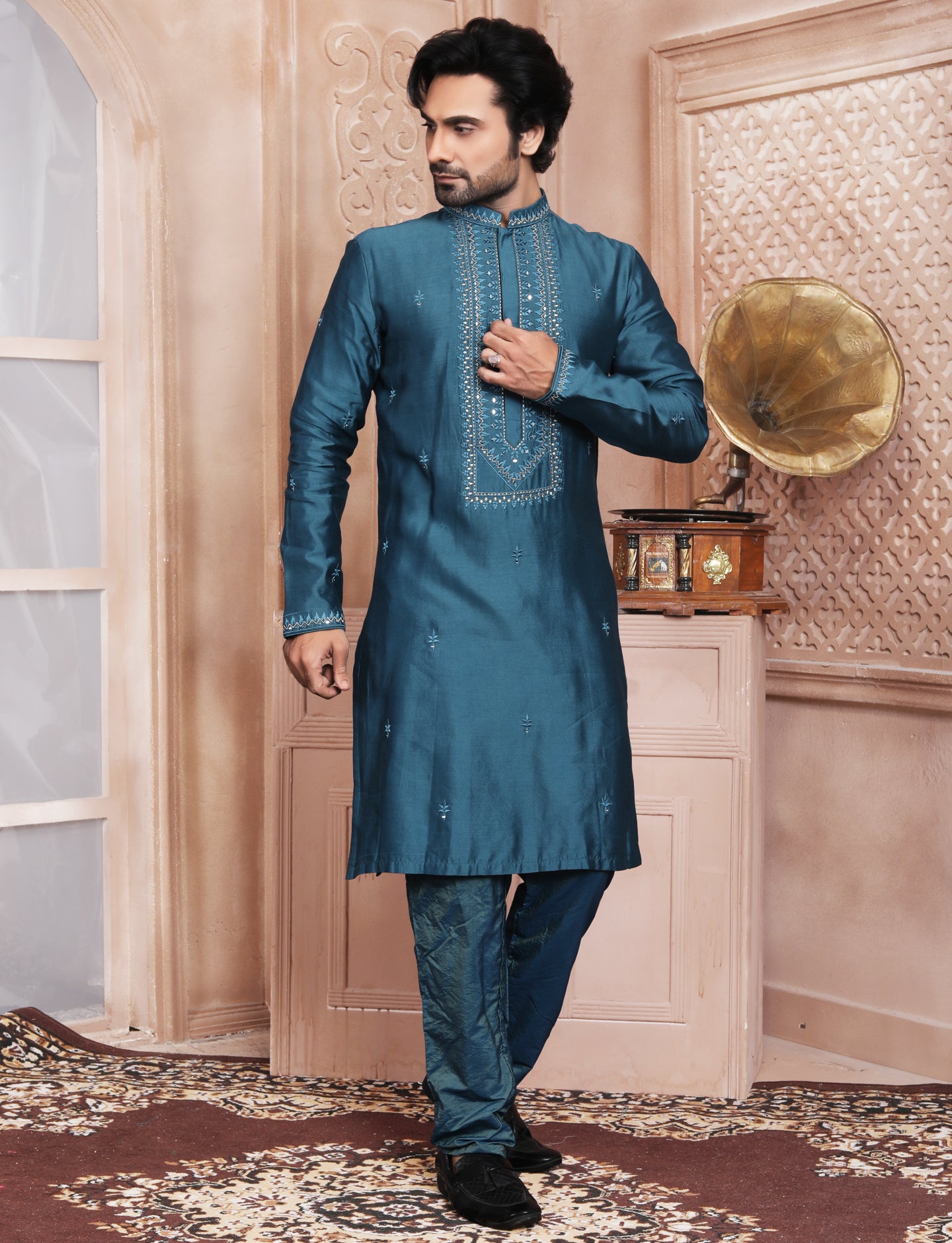 Dark Turquoise Handcrafted Kurta With Aligarhi Pant