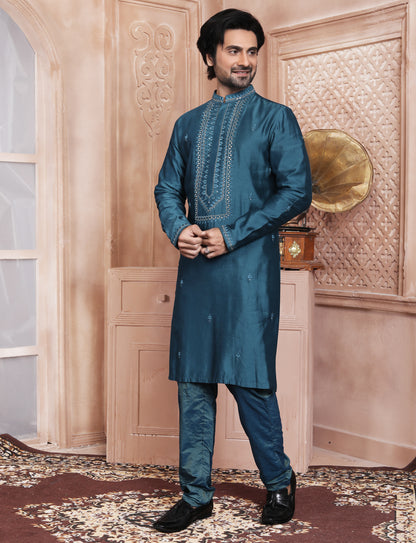 Dark Turquoise Handcrafted Kurta With Aligarhi Pant