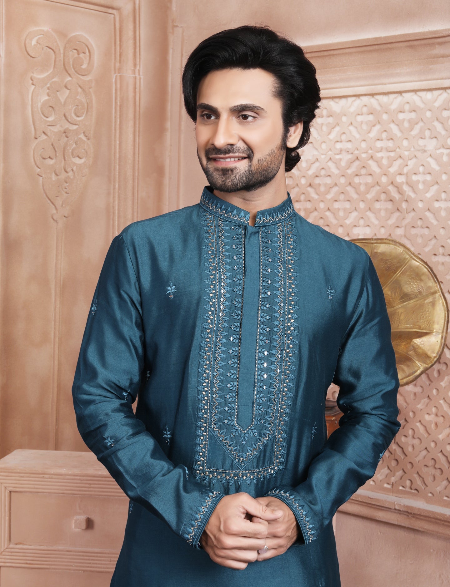 Dark Turquoise Handcrafted Kurta With Aligarhi Pant