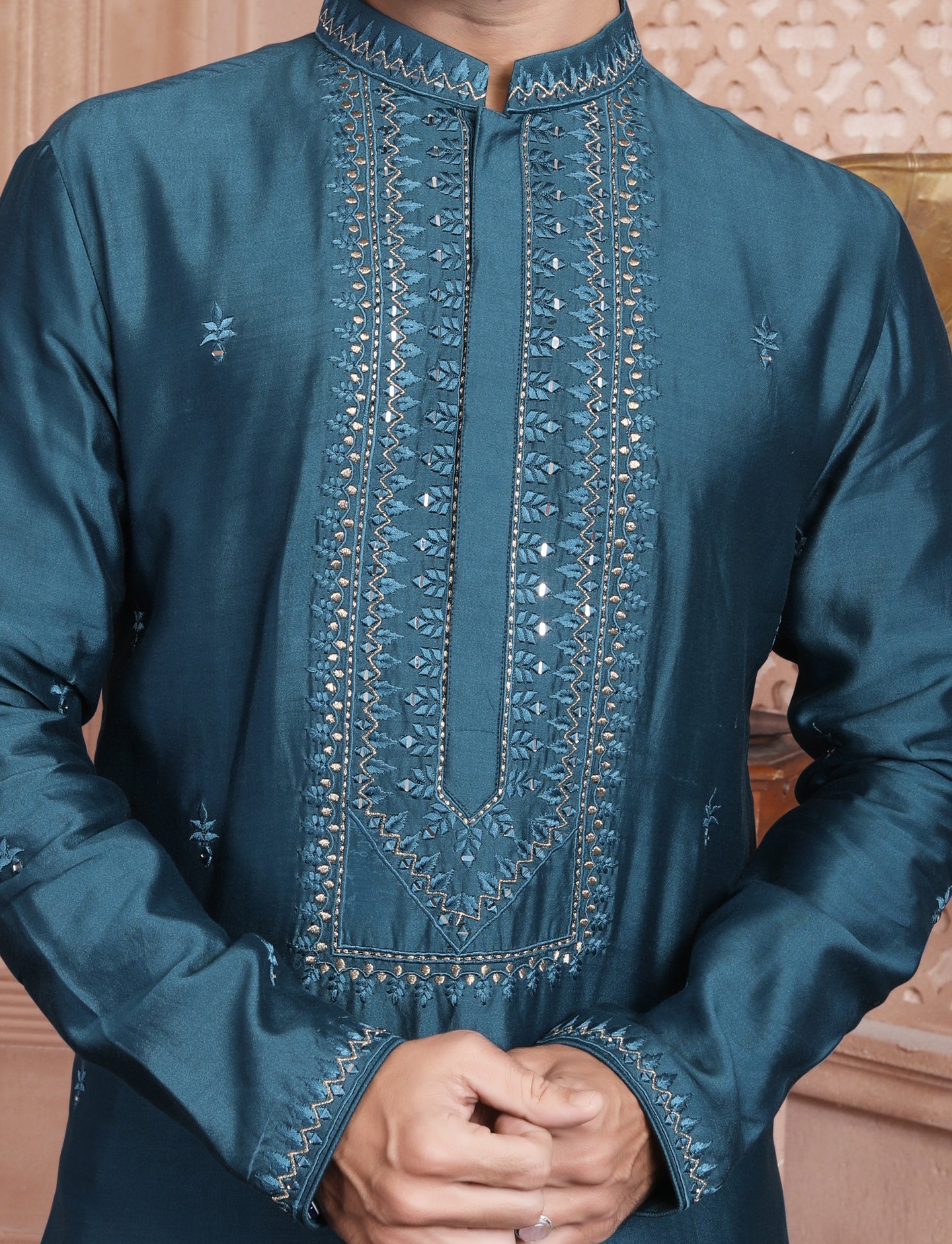 Dark Turquoise Handcrafted Kurta With Aligarhi Pant