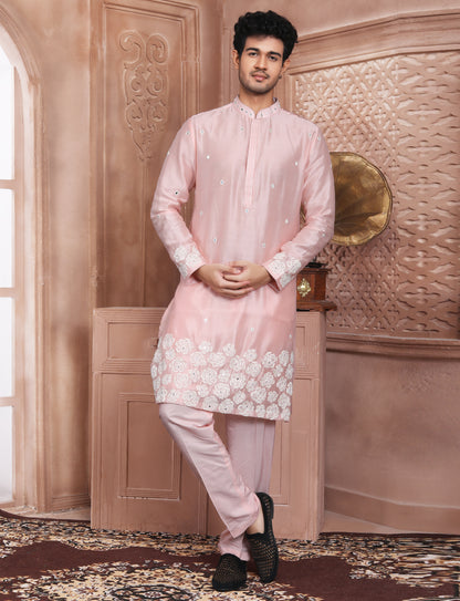 Light Pink Ethnic Handcrafted Kurta With Aligarhi Pant