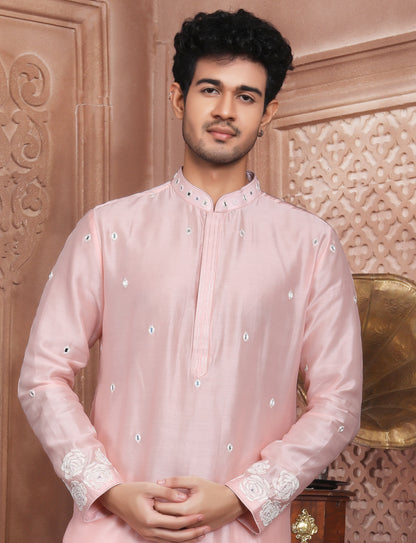 Light Pink Ethnic Handcrafted Kurta With Aligarhi Pant