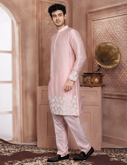 Light Pink Ethnic Handcrafted Kurta With Aligarhi Pant