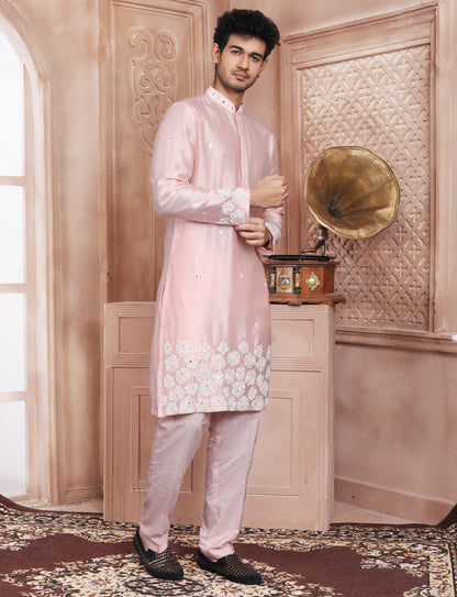 Light Pink Ethnic Handcrafted Kurta With Aligarhi Pant