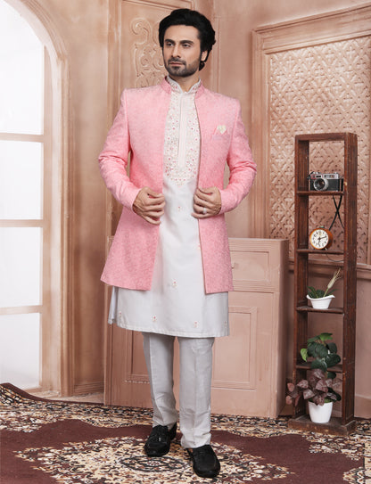 Pink & White Stylis Embroidery Indo Western With Kurta