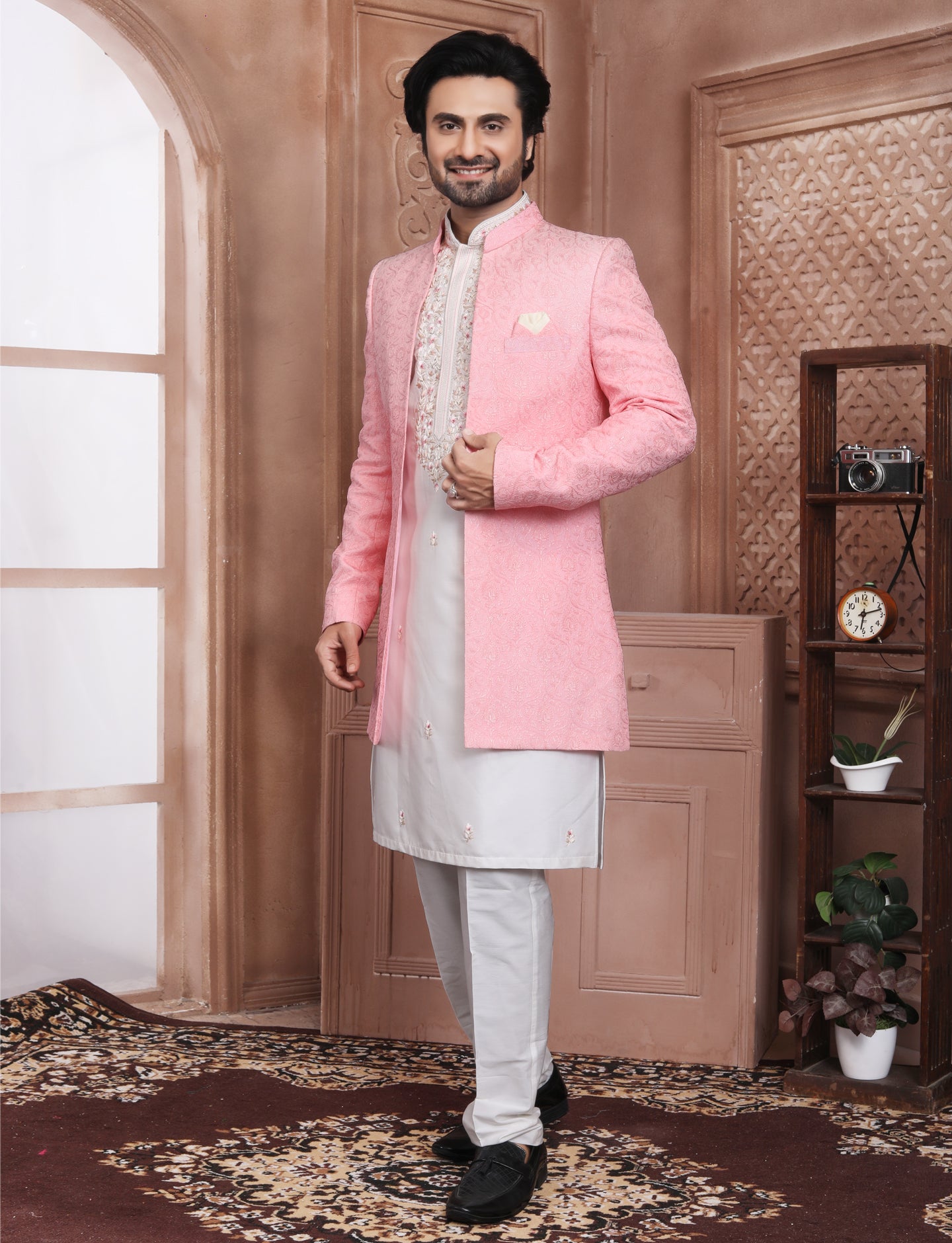 Pink & White Stylis Embroidery Indo Western With Kurta