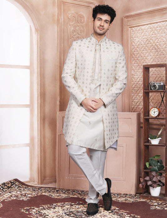 Cream Golden Jari Work Machine Embroidery Indo Western With Kurta