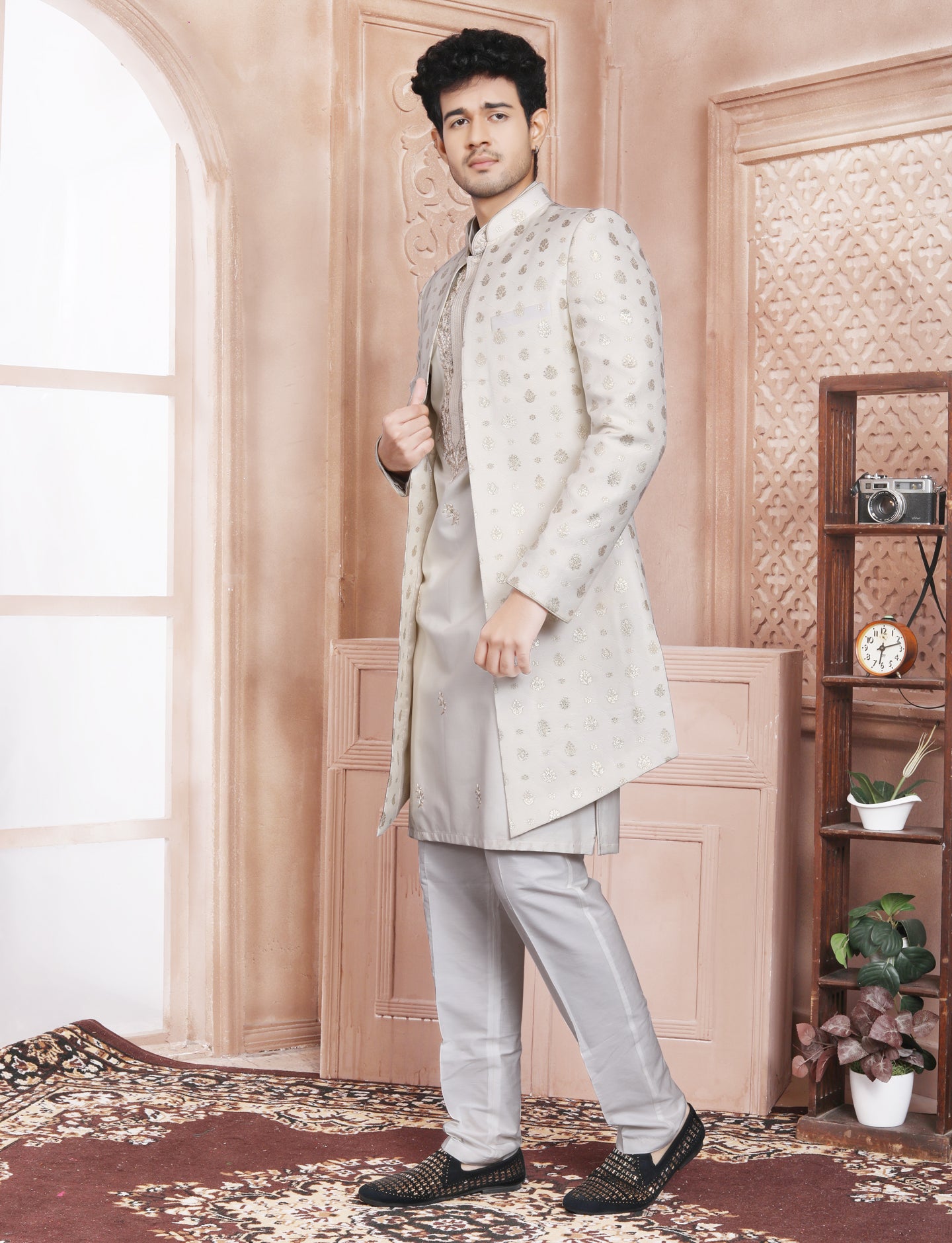 Cream Golden Jari Work Machine Embroidery Indo Western With Kurta