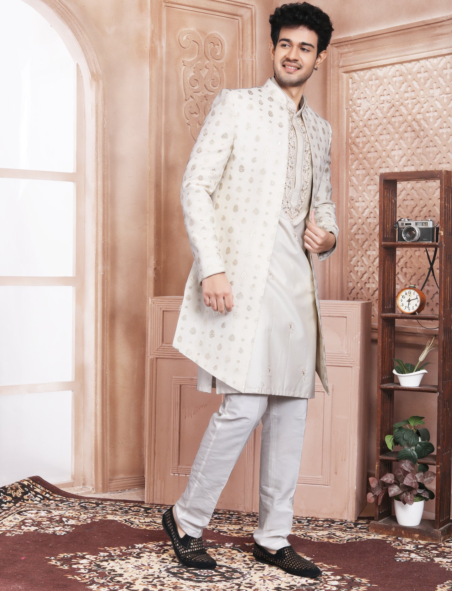 Cream Golden Jari Work Machine Embroidery Indo Western With Kurta