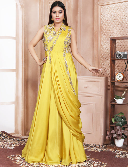 Lemon Yellow Gown With Hand Embroidery