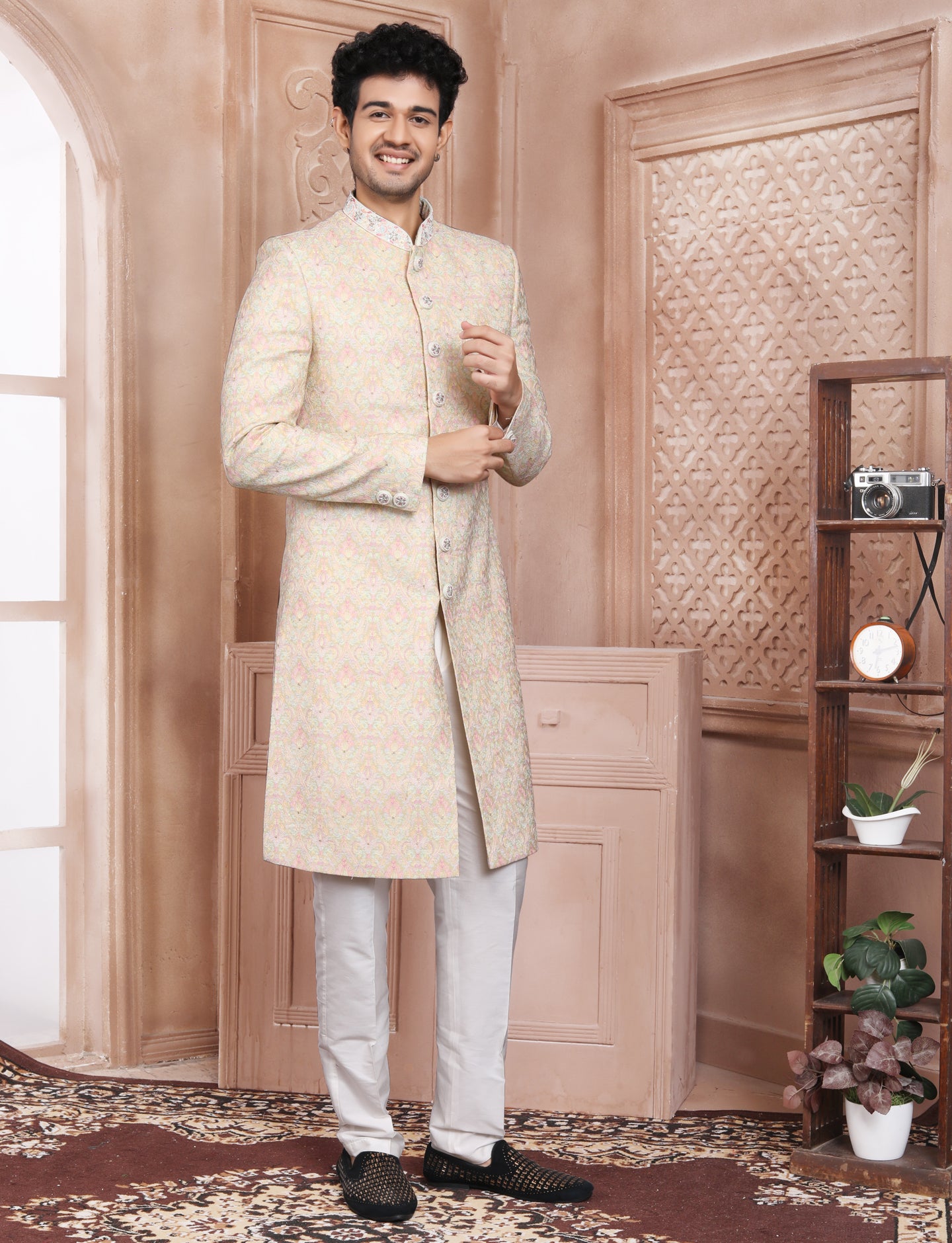 Pink Peach Green Yellow Pastal Shade With Possession Embroidery Silk Beautiful Button Indo Western