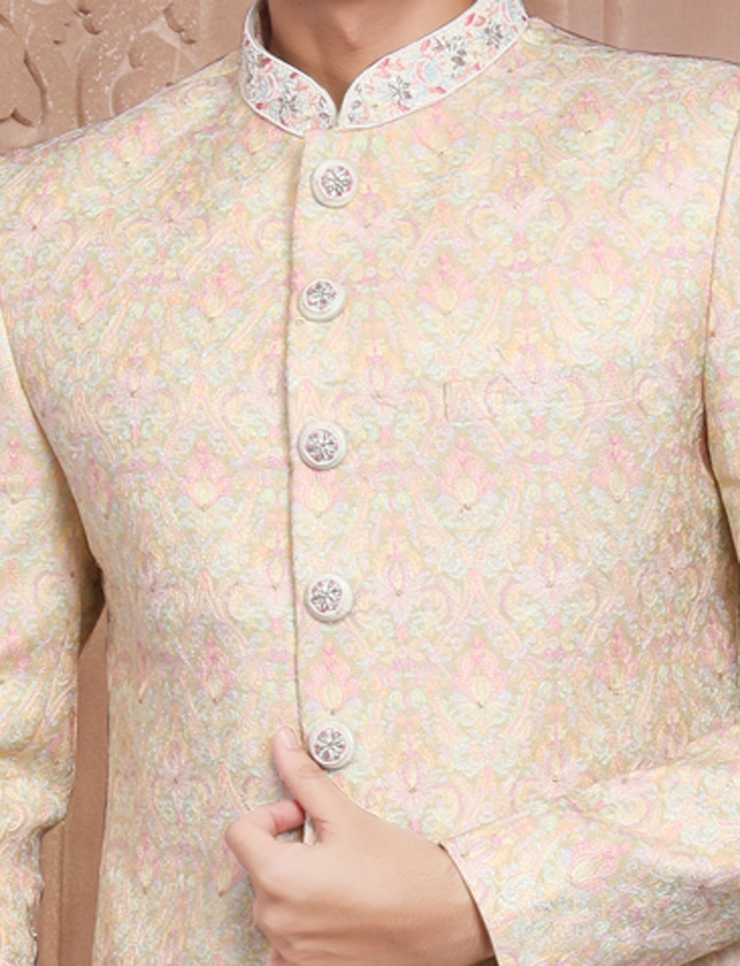 Pink Peach Green Yellow Pastal Shade With Possession Embroidery Silk Beautiful Button Indo Western