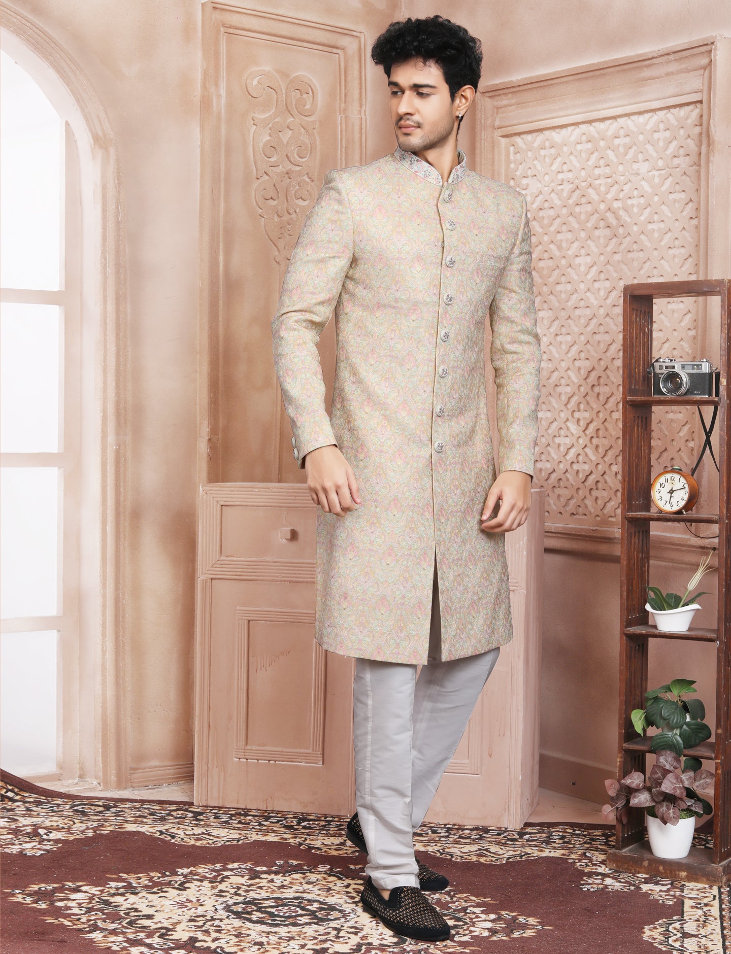 Pink Peach Green Yellow Pastal Shade With Possession Embroidery Silk Beautiful Button Indo Western