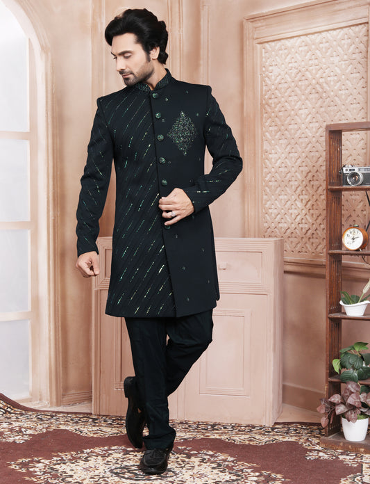 Dark Green Hand Embroidery With Beautiful Buttons Indo Western