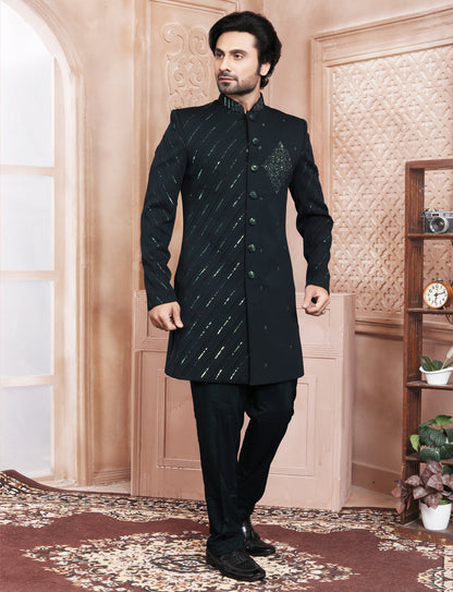 Dark Green Hand Embroidery With Beautiful Buttons Indo Western