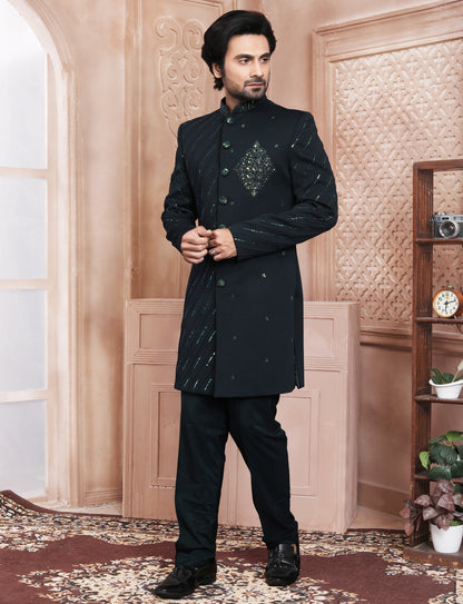 Dark Green Hand Embroidery With Beautiful Buttons Indo Western