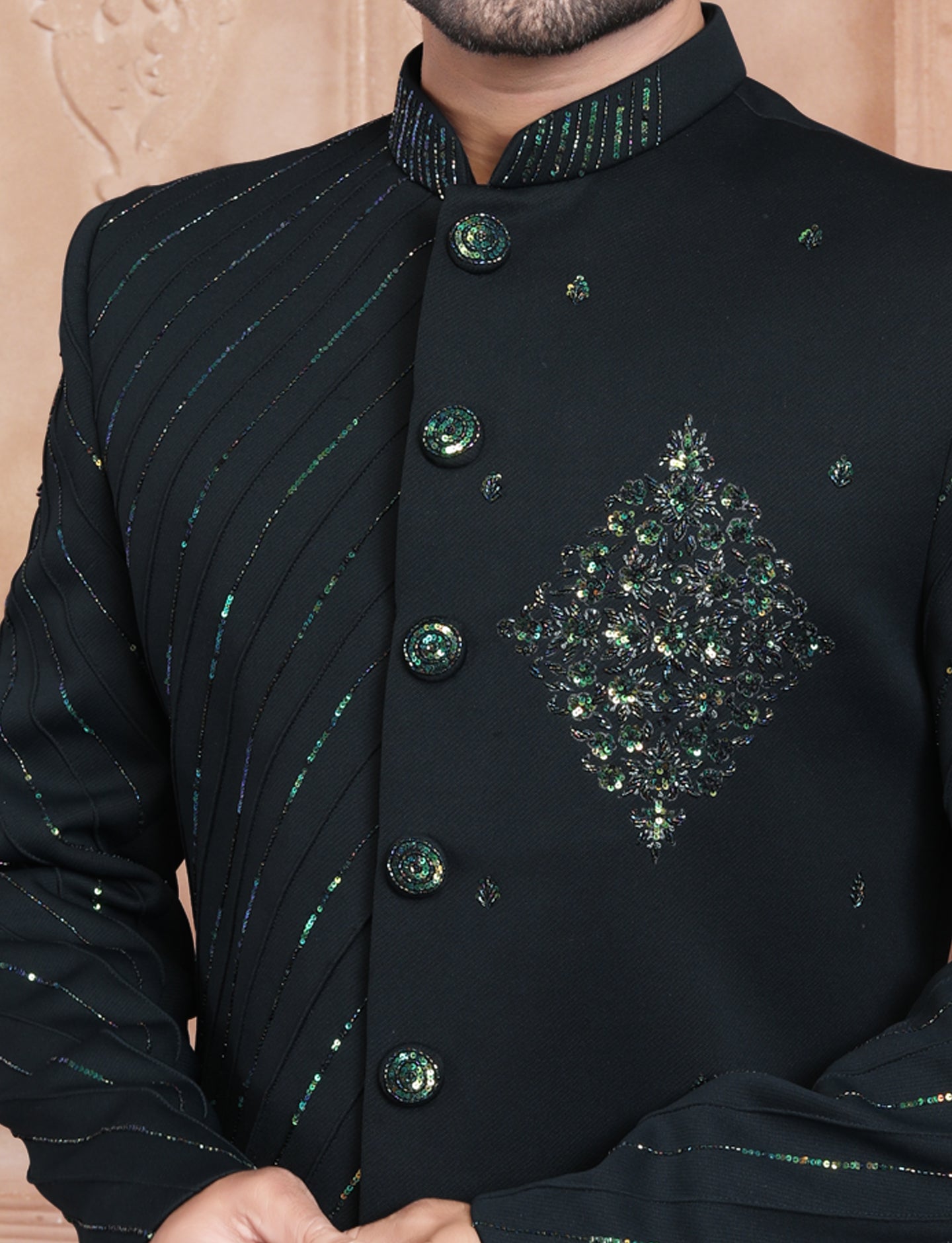 Dark Green Hand Embroidery With Beautiful Buttons Indo Western