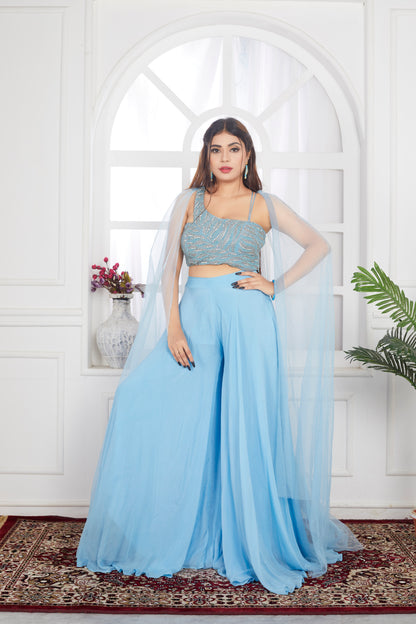 Sky-Blue Two-Piece With Hand Embroidery