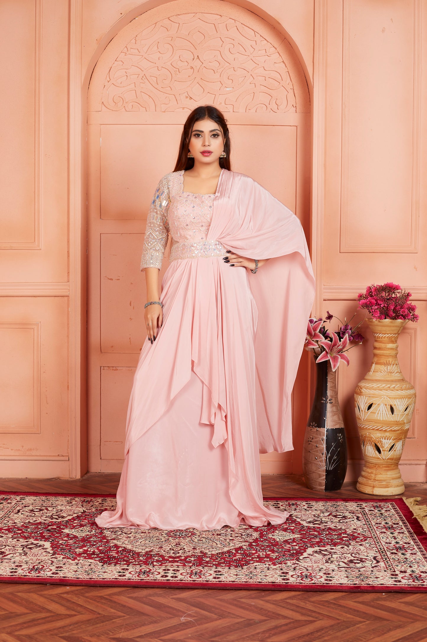 Light Pink Saree Gown With Hand Embroidery