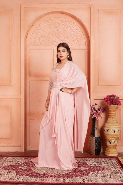 Light Pink Saree Gown With Hand Embroidery